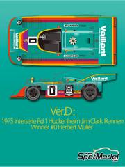 Model Factory Hiro: Car scale model kit 1/43 scale - Porsche 917/30 sponsored by Vaillant #0 - Herbert M&uuml;ller (CH) - Hockenheim Jim Clark Rennen 1975 - 3D printed parts, photo-etched parts, resin parts, rubber parts, turned metal parts, vacuum formed parts, water slide decals, white metal parts, assembly instructions and painting instructions - for What's unique about this chassis is that its original wheelbase of 2.316 mm can be extended up to 2.500 mm. After test chassis 001 was converted back to 917/10 specification and used at Interserie races between July 1973 and April 1975. image