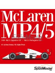Model Factory Hiro: Car scale model kit 1/43 scale - McLaren Honda MP4/5 McLaren Racing Limited Team sponsored by Marlboro #1, 2 - Ayrton Senna da Silva (BR), Alain Prost (FR) - Japanese Formula 1 Grand Prix, Portuguese Formula 1 Grand Prix 1989 - metal parts, photo-etched parts, resin parts, turned metal parts, vacuum formed parts, water slide decals, white metal parts, other materials, assembly instructions, painting instructions and tobacco sponsor decals