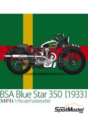 Model Factory Hiro: Motorbike scale model kit 1/9 scale - BSA Blue Star 350 1933 - CNC metal parts, metal parts, photo-etched parts, resin parts, rubber parts, turned metal parts, water slide decals, white metal parts, other materials, assembly instructions and painting instructions