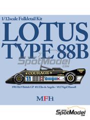 Model Factory Hiro: Car scale model kit 1/12 scale - Lotus Type 88B Lotus Team sponsored by Essex #11, 12 - Elio de Angelis (IT), Nigel Ernest James Mansell (GB) - British Formula 1 Grand Prix, Norwich Airport Display 1981 - 3D printed parts, photo-etched parts, resin parts, rubber parts, seatbelt fabric, turned metal parts, vacuum formed parts, water slide decals, white metal parts, other materials, assembly instructions and painting instructions
