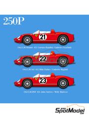 Model Factory Hiro: Car scale model kit 1/12 scale - Ferrari 250P Automobili Ferrari SEFAC Team #21, 22, 23 - Lorenzo Bandini (IT) + Ludovico Scarfiotti (IT), Michael Johnson 'Mike' Parkes (GB) + Umberto Maglioli (IT), John Surtees (GB) + Willy Mairesse (BE) - 24 Hours Le Mans 1963 - photo-etched parts, resin parts, rubber parts, turned metal parts, water slide decals, white metal parts, other materials and assembly instructions image