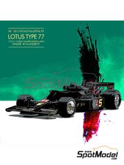 Model Factory Hiro: Car scale model kit 1/12 scale - Lotus Ford Type 77 sponsored by John Player Special #5 - Mario Andretti (US) - Japanese Formula 1 Grand Prix 1976 - photo-etched parts, resin parts, rubber parts, seatbelt fabric, turned metal parts, water slide decals, white metal parts, other materials, assembly instructions and tobacco sponsor decals