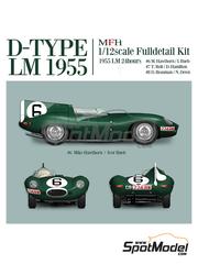 Model Factory Hiro: Car scale model kit 1/12 scale - Jaguar D-Type Jaguar Cars Ltd. Team #6, 7, 8 - Mike Hawthorn (GB) + Ivor Bueb (GB), Tony Rolt (GB) + Duncan Hamilton (GB), Don Beauman (GB) + Norman Dewis (GB) - 24 Hours Le Mans 1955 - metal parts, photo-etched parts, resin parts, rubber parts, turned metal parts, water slide decals, white metal parts, other materials, assembly instructions and painting instructions