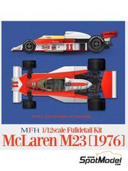 Model Factory Hiro: Car scale model kit 1/12 scale - McLaren Ford M23 McLaren Racing Limited Team sponsored by Texaco #11, 12 - James Hunt (GB), Jochen Mass (DE) - Japanese Formula 1 Grand Prix 1976 - photo-etched parts, resin parts, rubber parts, seatbelt fabric, turned metal parts, vacuum formed parts, water slide decals, white metal parts, other materials, assembly instructions and painting instructions