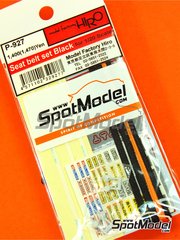 Model Factory Hiro: Cinturones escala 1/20 - Cinturn de seguridad tipo arns color negro para F1 - Sparco, Arexons, Britax, Boss, Willans, Sabelt - fotograbados, tela de cinturones, calcas de agua y piezas de metal blanco