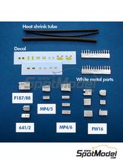 Model Factory Hiro: Detail - F1 Connector set - water slide decals, white metal parts, other materials and assembly instructions - for Fujimi references FJ090375, GP5, FJ090436, FJ09044, GP10, 090443, FJ090443, FJ090443, 09044, GP10, FJ09044, FJ090498, 09049, GP-12, FJ090573, 09057, GP-16, GP16, FJ090580, 09058, GP-14, FJ090597, 09059, GP-18, FJ090627, 09062, GP-19, FJ090818, 09081, GP-38, FJ091693, GP-53, FJ09173, FJ091938, 09193, GP-1, FJ091983, 09198, GP-6, FJ092126, GP-24, 09212, FJ092133, 09213, FJ09213, FUJ09213, FJ092140, GP-26 and FJ10904 image