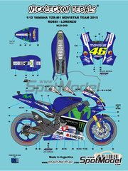 Nicolecron Decals: Marking / livery 1/12 scale - Yamaha YZR-M1 sponsored by Movistar #46, 99 - Valentino Rossi (IT), Jorge Lorenzo (ES) - Motorcycle World Championship 2015 - water slide decals - for Tamiya references TAM14117, TAM14119 and TAM14120 image