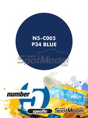 Number Five: Paint for airbrush - P34 Blue - 1 x 30ml - for Fujimi references FJ090900, 09090, GP-34, FJ090924, 09092, GP-35, FJ090962, 09096, GP-39, FJ09098, 090986, GP-40, FJ090986, 09098, GP-40, FJ09149, GP-48, FJ091914, 09191, GP-59, FJ11385 and FJ113975, or Model Factory Hiro references MFH-K599, K-599, MFH-K600 and K-600, or Tameo Kits references SLK105, TMK208, TMK210, TMK222, TMK247, TMK280 and TMK299, or Tamiya references TAM12021, 1221, BS1221, TAM12036, TAM20001, TAM20053, TAM20058 and TAM21090