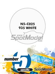 Number Five: Paint for airbrush - 935 White - 1 x 30ml - for Beemax Model Kits references B24015, 105108, aos10510 and B24031, or Italeri references 3639 and 3639S, or Model Factory Hiro references MFH-K740 and K-740, or Nunu references PN24006 and PN24029, or Renaissance Models references 060B, 060F, 067, 072B, 077, 24-11, 24/11, 43-100, 43/100 and 43-106, or Studio27 reference ST27-TK2466, or Tamiya references TAM12023, BS1223, TAM12038, TAM12057, TAM20005, TAM20008, TAM20070, TAM24001, TAM24010, TAM24311 and TAM24318