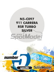 Number Five: Pintura para aergrafo - Plateado 911 Carrera RSR Turbo Silver - 1 x 30ml - para las referencias de Arena Modelli ARE1175 y ARE796-B, o las referencias de Fujimi FJ12648, FJ126487, RS-23, FUJ12648, FJ126494 y RS-99, o la referencia de Italeri 3625, o las referencias de Model Factory Hiro MFH-K713, K-713, MFH-K714, K-714, K714, MFH-K770, K-770, MFH-K771, K-771, MH-L-4, MFH-L-4, MFH24PRSR y X004