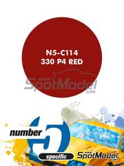 Number Five: Pintura para aergrafo - Rojo 330 P4 Red - 1 x 30ml - para las referencias de Fujimi FJ12104, 2, 2500, FJ12111, 1034, 2800, HR-1034, FJ12351, FJ123516, FJ12357, FJ123707, HR-34, FJ125756, RS-48 y FJ23073, o las referencias de Model Factory Hiro MFH-K244, K-244, MFH-K476, K-476, MFH-K492, K-492, MFH-K493, K-493, MFH-K494, K-494, MFH-K787, K-787, MFH-K788, K-788, MFH-K789 y K-789