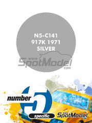Number Five: Paint for airbrush - 917K 1971 Silver - 1 x 30ml - for Fujimi references FJ123882 and RS-84, or Model Factory Hiro references MFH-K402, K-402, MFH-K450, K-450, MFH-K611, K-611, MFH-K614, K-614, MFH-K800 and K-780, or Studio27 reference ST27-DC680C