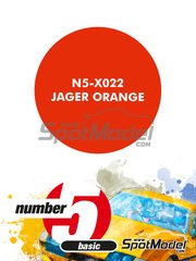 Number Five: Paint for airbrush - Jager Orange - 1 x 30ml - for Arena Modelli references ARE1100, ARE316, ARE573, ARE574, ARE575, ARE576-24, ARE577-24 and ARE578-24, or Hasegawa reference 20557, or Model Factory Hiro references MFH-K801 and K-801, or Revell references REV07031, REV07076 and 80-7076, or Tamiya references TAM12040, TAM12055, TAM24148, TAM24269, TAM24322, TAM24328 and TAM96357