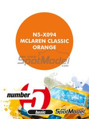 Number Five: Pintura para aergrafo - Naranja McLaren Classic Orange - 1 x 30ml - para las referencias de Marsh Models MM283, MM284 y MM304, o las referencias de Model Factory Hiro MFH-K323, K-323, MFH-K324, K-324, MFH-K325, K-325 y MFH-K820, o las referencias de Tameo Kits TMK237 y TMK261