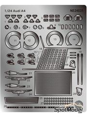 Nunu: Detail up set 1/24 scale - Audi A4 Quattro - metal parts, photo-etched parts, seatbelt fabric, turned metal parts, water slide decals and assembly instructions - for Nunu references PN24035 and PN24035-UNBOX image