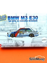 Nunu: Car scale model kit 1/24 scale - BMW M3 E30 Sport Evolution II sponsored by Wartsteiner #56, 57 - Eric van de Poele (BE) + Roberto Ravaglia (IT), Dieter Quester (AT) + Altfrid Heger (DE) - 24 Hours SPA Francorchamps 1988 - plastic parts, rubber parts, water slide decals, other materials, assembly instructions and painting instructions image