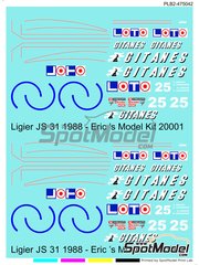 Print Lab Decals: Marking / livery 1/20 scale - Ligier JS31 25 Team sponsored by Gitanes - Ren� Arnoux (FR), Stefan Johansson (SE) - Test version 1988 - water slide decals manufactured with digital technology
