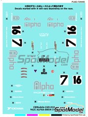 Print Lab Decals: Marking / livery 1/24 scale - Porsche 962C Alpha Racing - Brun Motorsport Team #7, 16 - Oscar Larrauri (AR) + Walter Brun (CH), Maurizio Sandro Sala (BR) + Oscar Larrauri (AR) - All Japan Sport Prototype Championship (JSPC) 1989 - water slide decals manufactured with digital technology