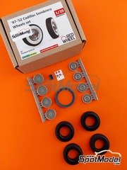 Red Wheel: Rims and tyres set 1/25 scale - Cadillac Sombrero wheels 15 inches 1947-1952 - 3D printed parts, rubber parts and water slide decals - 4 units