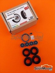 Red Wheel: Rims and tyres set 1/25 scale - Cadillac wire wheels 15 inches 1952-1956 - 3D printed parts, rubber parts and water slide decals - 4 units