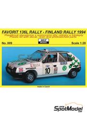 Reji Model: Car scale model kit 1/28 scale - Skoda Favorit 136L Skoda Motorsport Team sponsored by Xerox #9, 10 - Pavel Sibera (CZ) + Petr Gross (CZ), Emil Triner (CZ) + Jir Klma (CZ) - 1000 Lakes Finland Rally 1994 - photo-etched parts, plastic parts, resin parts, water slide decals and assembly instructions