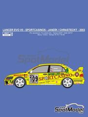 Reji Model: Marking / livery 1/24 scale - Mitsubishi Lancer Evo VII  sponsored by Sportcasinos #109 - Miroslav Jandik (CZ) + Radim Chrastecky (CZ) - ADAC Deutschland Rally 2003 - water slide decals and assembly instructions - for Heller reference 80734, or Tamiya references TAM24257 and 257