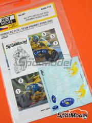 Reji Model: Marking / livery 1/12 scale - Honda RC211V Pramac Pons Team sponsored by Camel - Max Biaggi (IT), Tohru Ukawa (JP) - Moto GP World Championship 2003 - water slide decals, assembly instructions and tobacco sponsor decals - for Tamiya reference TAM14095