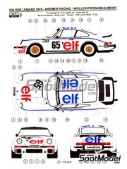 Reji Model: Decoracin escala 1/24 - Porsche 934 Turbo RSR Grupo 4 Equipo Kremer Racing  patrocinado por ELF N 65 - Marie-Claude Beaumont (FR) + Didier Pironi (FR) + Robert 'Bob' Wollek (FR) - 24 Horas de Le Mans 1976 - fotograbados, calcas de agua y manual de instrucciones - para la referencia de Heller 80714, o las referencias de Revell REV07031 y REV07032, o las referencias de Tamiya TAM24328 y TAM24334