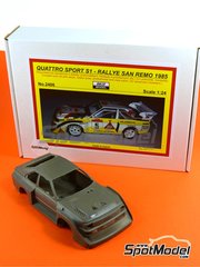 Reji Model: Car scale model kit 1/24 scale - Audi Quattro Sport S1 Audi Team Team sponsored by HB International #1, 2, 3, 5, 6 - Monte Carlo Rally - Rallye Automobile de Monte-Carlo, Sanremo Rally 1985 and 1986 - resin kit