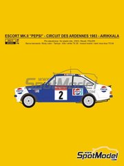 Reji Model: Marking / livery 1/24 scale - Ford Escort Mk. II RS1800 sponsored by Pepsi #2 - Pentti Airikkala (FI) + Juha Piironen (FI) - Circuit des Ardennes 1983 - water slide decals and assembly instructions - for ESCI references 3009, 3021 and 3049, or Italeri references 3650, IT3650, ITA3650 and 3655, or Revell references REV07374 and 7374