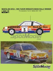 Reji Model: Marking / livery 1/24 scale - Opel Manta 400 Group B sponsored by Andrews Heat for hire #5 - Russell Brookes (GB) + Mike Broad (GB) - Tudor Webasto Manx International Rally 1985 - water slide decals, assembly instructions and painting instructions - for Belkits references BEL008, BEL-008, BEL009 and BEL-009