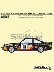 Reji Model: Marking / livery 1/24 scale - Opel Manta 400 Group B Dealer Opel Ireland Team sponsored by Dealer Opel Ireland #10 - Austin McHale (IE) + Christy Farrel (IE) - Tudor Webasto Manx International Rally 1986 - water slide decals, assembly instructions and painting instructions - for Belkits references BEL008, BEL-008, BEL009 and BEL-009