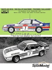 Reji Model: Marking / livery 1/24 scale - Opel Manta Group B sponsored by Rothmans #7 - Henri Toivonen (FI) + Fred Gallagher (GB) - Sanremo Rally 1983 - water slide decals, assembly instructions and tobacco sponsor decals - for Belkits references BEL008, BEL-008, BEL009 and BEL-009