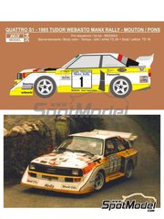 Reji Model: Decoracin escala 1/24 - Audi Sport Quattro S1 E2 Equipo Audi Sport UK patrocinado por Pirelli N 1 - Michele Mouton (FR) + Fabrizia Pons (IT) - Tudor Webasto Manx International Rally 1985 - calcas de agua y manual de instrucciones - para las referencias de Beemax Model Kits B24017, 103982 y BX24035