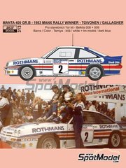 Reji Model: Marking / livery 1/24 scale - Opel Manta Group B sponsored by Rothmans #2 - Henri Toivonen (FI) + Fred Gallagher (GB) - Manx International Rally 1983 - water slide decals, assembly instructions and tobacco sponsor decals - for Belkits references BEL008, BEL-008, BEL009 and BEL-009