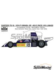 Reji Model: Marking / livery 1/32 scale - Surtees Ford TS16 sponsored by Fina, Matchbox #18, 19 - Carlos Pace (BR), Jochen Mass (DE) - Brazilian Formula 1 Grand Prix 1974 - water slide decals and placement instructions - for Revell reference REV07739