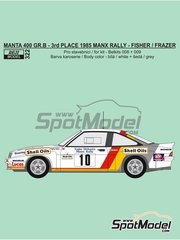Reji Model: Marking / livery 1/24 scale - Opel Manta 400 Group B sponsored by Shell Oil #10 - Bertie Fisher (GB) + Austin Frazer (GB) - Tudor Webasto Manx International Rally 1985 - water slide decals, assembly instructions and painting instructions - for Belkits references BEL008, BEL-008, BEL009 and BEL-009