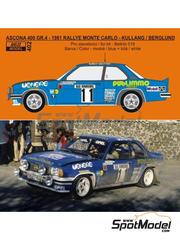 Reji Model: Decoracin escala 1/24 - Opel Ascona 400 Grupo 4 patrocinado por Publimmo N 11 - Anders Kullng (SE) + Bruno Berglund (SE) - Rally de Monte Carlo - Rallye Automobile de Monte-Carlo 1981 - calcas de agua e instrucciones de colocacin - para las referencias de Belkits BEL019, BEL-019, BEL020 y BEL-020