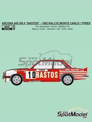 Reji Model: Decoracin escala 1/24 - Opel Ascona 400 Grupo 4 patrocinado por Bastos N 3, 10 - Guy Colsoul (BE) + Alain Lopes (BE) - Rally 24 Horas de Ypres, Rally de Monte Carlo - Rallye Automobile de Monte-Carlo 1982 - calcas de agua, instrucciones de colocacin y calcas de sponsors de tabaco - para las referencias de Belkits BEL019, BEL-019, BEL020 y BEL-020