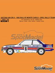 Reji Model: Decoracin escala 1/24 - Opel Ascona 400 Grupo 4 Equipo Opel Rally patrocinado por Rothmans N 3, 6, 10 - Ari Vatanen (FI) + Terry Harryman (GB), Henri Toivonen (FI) + Fred Gallagher (GB), Guy Frquelin (FR) + Jean-Francois Fauchille (FR) - Rally de Monte Carlo - Rallye Automobile de Monte-Carlo 1983 - calcas de agua, instrucciones de colocacin y calcas de sponsors de tabaco - para las referencias de Belkits BEL020 y BEL-020