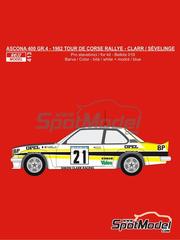 Reji Model: Decoracin escala 1/24 - Opel Ascona 400 Grupo 4 Equipo Simon Clarr Racing patrocinado por BP N 21 - Jean-Louis Clarr (FR) + Joseph Svelinge (FR) - Tour de Corse Rally de Francia 1982 - calcas de agua e instrucciones de colocacin - para las referencias de Belkits BEL019, BEL-019, BEL020 y BEL-020
