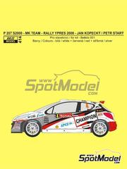 Reji Model: Marking / livery 1/24 scale - Peugeot 207 S2000 MK Team sponsored by Champion #4 - Jan Kopecky (CZ) + Petr Star (CZ) - Ypres Westhoek Rally 2008 - water slide decals and placement instructions - for Belkits reference BEL-001