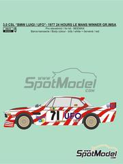 Reji Model: Marking / livery 1/24 scale - BMW 3.0 CSL Luigi Racing Team sponsored by UFO #71 - Pierre Dieudonne (BE) + Spartaco Dini (IT) + Jean Xhenceval (BE) - 24 Hours Le Mans, European Touring Car Championship ETCC Brno 1977 - water slide decals and placement instructions - for Beemax Model Kits reference BX24066