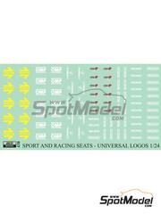Reji Model: Logotypes 1/24 scale - Sport and racing seats logos, Momo, Sparco, OMP, Corbeau, Recaro, Atech - water slide decals