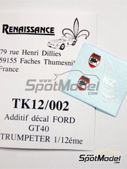 Renaissance Models: Marking / livery 1/12 scale - Ford GT40 Mk I - water slide decals - for Trumpeter references MAG00019 and 26701-2011