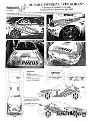 Renaissance Models: Decoracin escala 1/24 - Subaru Impreza WRX Grupo A  patrocinado por Vergokan N 5 - Bernard Munster (BE) + Steven Vergalle (BE) - SPA Francorchamps 1999 - calcas de agua y manual de instrucciones - para las referencias de Hasegawa 20297, 25017 y CR-17