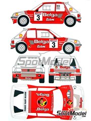 Renaissance Models: Decoracin escala 1/24 - Peugeot 205 Turbo 16 patrocinado por Belga N 3 - Bernard Darniche (FR) + Alain Mah (FR) - Rally de Ypres de Belgica 1985 - calcas de agua y manual de instrucciones - para la referencia de Tamiya TAM24054