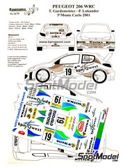 Renaissance Models: Decoracin escala 1/24 - Peugeot 206 WRC patrocinado por KPN Qwest N 19 - Toni Gardemeister (FI) + Paavo Lukander (FI) - Rally de Monte Carlo - Rallye Automobile de Monte-Carlo 2001 - calcas de agua y manual de instrucciones - para la referencia de Tamiya TAM24267