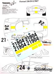 Renaissance Models: Decoracin escala 1/24 - Ferrari 330 P4  Equipo SPA Ferrari SEFAC N 19, 20, 21, 24 - Gnther Klass (DE) + Peter Sutcliffe (GB), Ludovico Scarfiotti (IT) + Michael Johnson 'Mike' Parkes (GB), Chris Amon (NZ) + Nino Vaccarella (IT), Willy Mairesse (BE) + Jean 'Beurlys' Blaton (BE) - 24 Horas de Le Mans 1967 - calcas de agua y manual de instrucciones - para las referencias de Fujimi FJ12104, 2, 2500, FJ12111, 1034, 2800, HR-1034, FJ12351, FJ123516, FJ12357, FJ123707, HR-34, FJ125756, RS-48 y FJ23073, o las referencias de Model Factory Hiro MFH-K244 y K-244