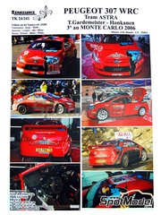 Renaissance Models: Decoracin escala 1/24 - Peugeot 307 WRC patrocinado por Astra N 16 - Toni Gardemeister (FI) + Jakke Honkanen (FI) - Rally de Monte Carlo - Rallye Automobile de Monte-Carlo 2006 - calcas de agua e instrucciones de colocacin - para la referencia de Tamiya TAM24285